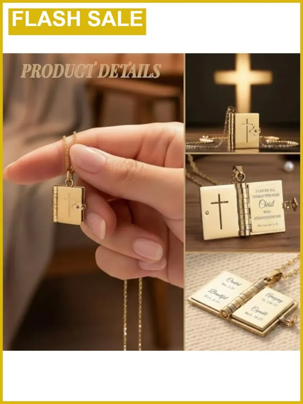Christian Cross Locket Necklace Stainless Steel Bible Verse Pendant